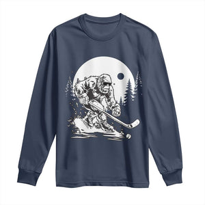 Bigfoot Playing Ice Hockey Long Sleeve Shirt Funny Cryptid Sports Gift TS12 Navy Print Your Wear