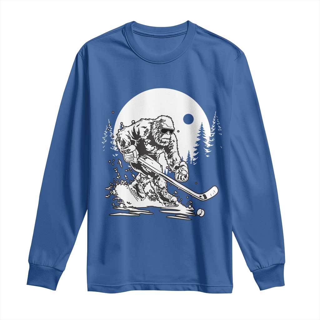 Bigfoot Playing Ice Hockey Long Sleeve Shirt Funny Cryptid Sports Gift TS12 Royal Blue Print Your Wear