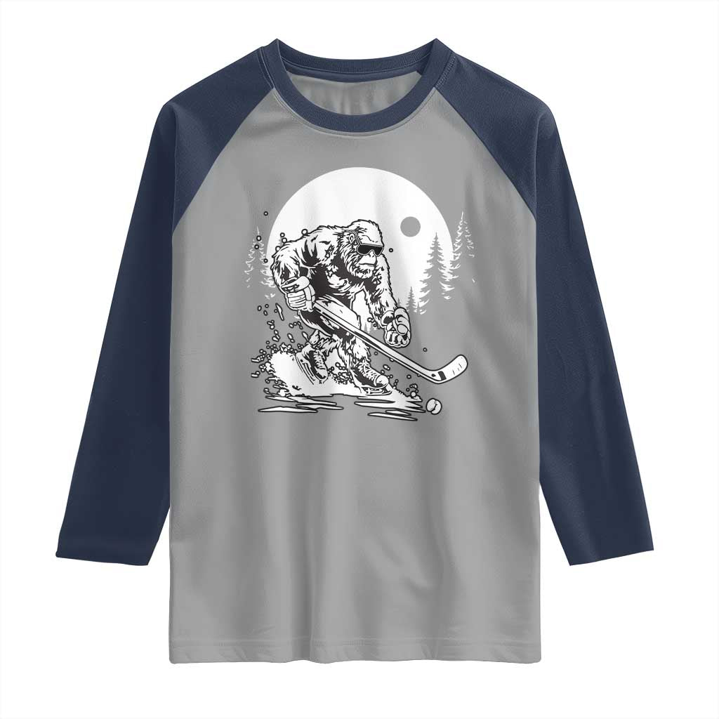 Bigfoot Playing Ice Hockey Raglan Shirt Funny Cryptid Sports Gift TS12 Sport Gray Navy Print Your Wear