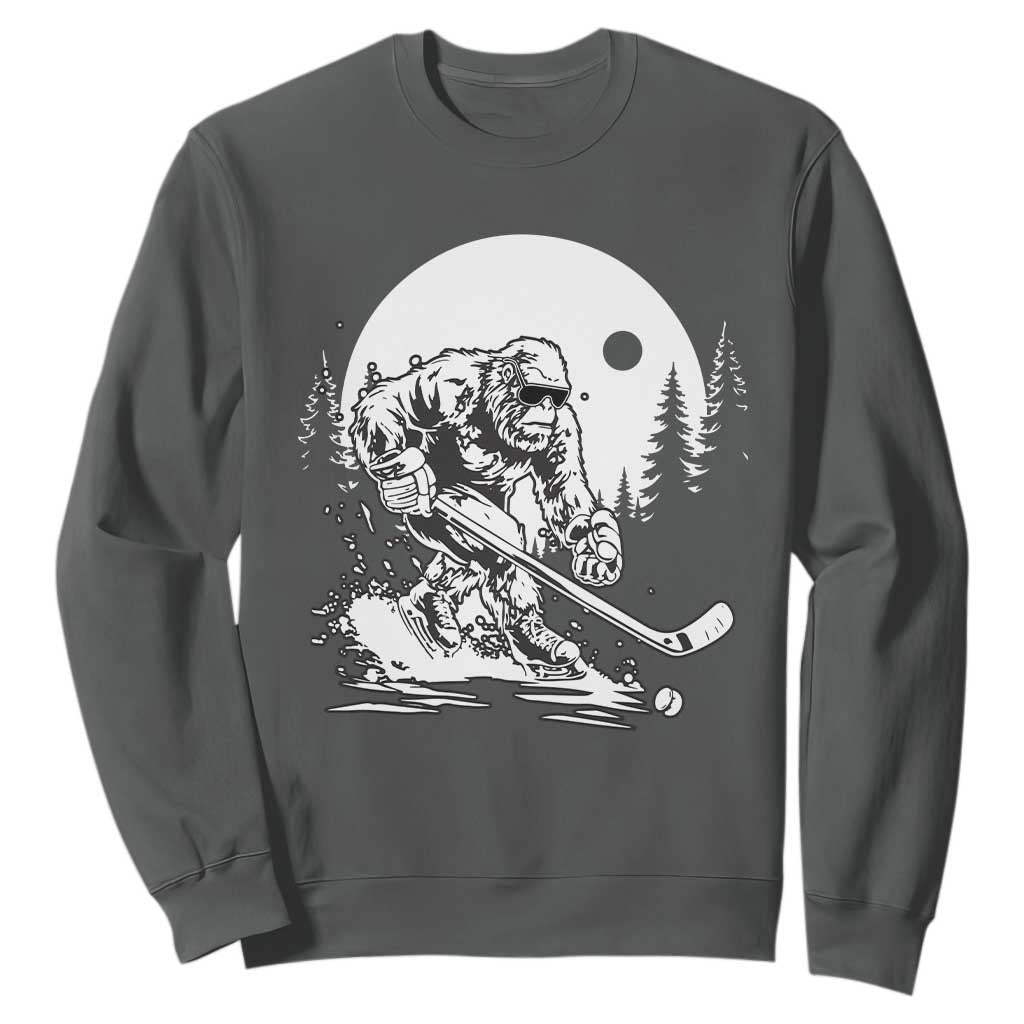 Bigfoot Playing Ice Hockey Sweatshirt Funny Cryptid Sports Gift TS12 Dark Heather Print Your Wear