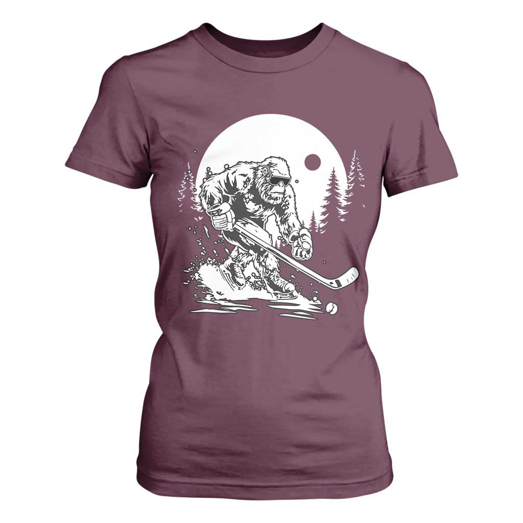 Bigfoot Playing Ice Hockey T Shirt For Women Funny Cryptid Sports Gift TS12 Maroon Print Your Wear