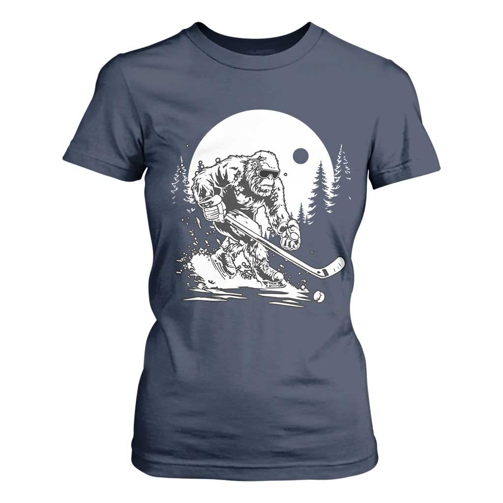 Bigfoot Playing Ice Hockey T Shirt For Women Funny Cryptid Sports Gift TS12 Navy Print Your Wear