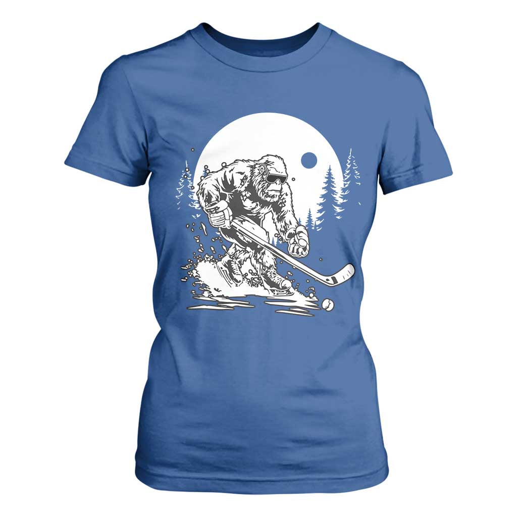 Bigfoot Playing Ice Hockey T Shirt For Women Funny Cryptid Sports Gift TS12 Royal Blue Print Your Wear