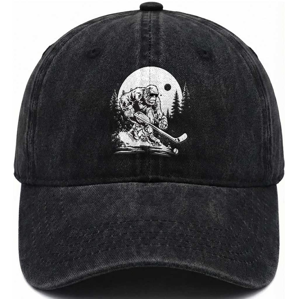 Bigfoot Playing Ice Hockey Washed Cotton Baseball Cap Funny Cryptid Sports Gift TS12 Print Your Wear