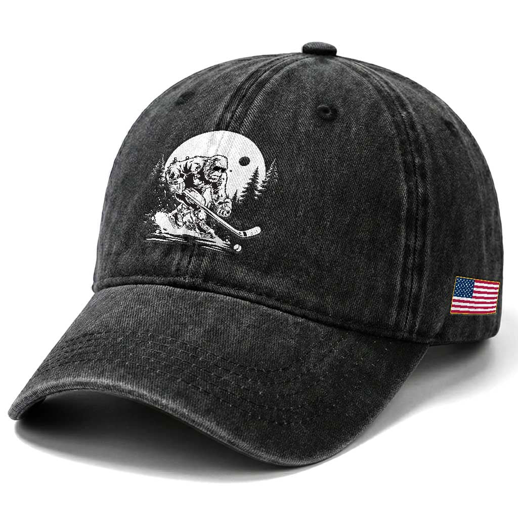 Bigfoot Playing Ice Hockey Washed Cotton Baseball Cap Funny Cryptid Sports Gift TS12 Print Your Wear