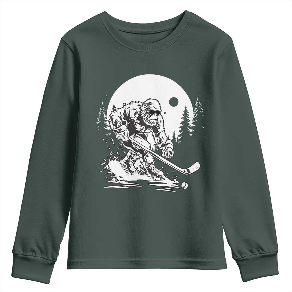 Bigfoot Playing Ice Hockey Youth Sweatshirt Funny Cryptid Sports Gift TS12 Dark Forest Green Print Your Wear