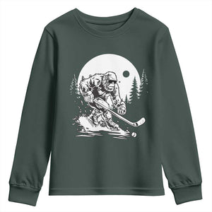 Bigfoot Playing Ice Hockey Youth Sweatshirt Funny Cryptid Sports Gift TS12 Dark Forest Green Print Your Wear