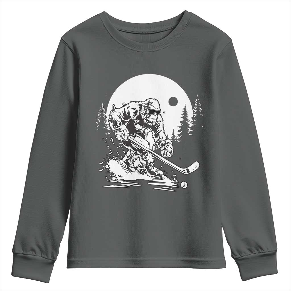 Bigfoot Playing Ice Hockey Youth Sweatshirt Funny Cryptid Sports Gift TS12 Dark Heather Print Your Wear