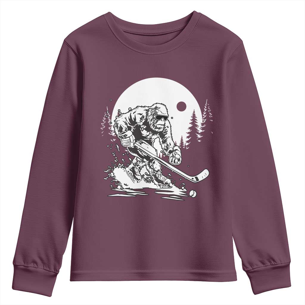 Bigfoot Playing Ice Hockey Youth Sweatshirt Funny Cryptid Sports Gift TS12 Maroon Print Your Wear