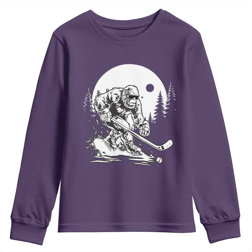 Bigfoot Playing Ice Hockey Youth Sweatshirt Funny Cryptid Sports Gift TS12 Purple Print Your Wear
