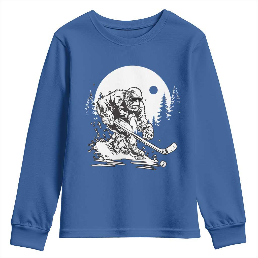 Bigfoot Playing Ice Hockey Youth Sweatshirt Funny Cryptid Sports Gift TS12 Royal Blue Print Your Wear