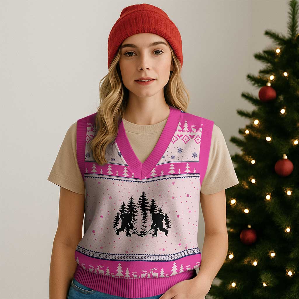 Funny Bigfoot Playing Ice Hockey V-Neck Knit Sweater Vest Cryptid Lover Gift TS12 Hot Pink Print Your Wear