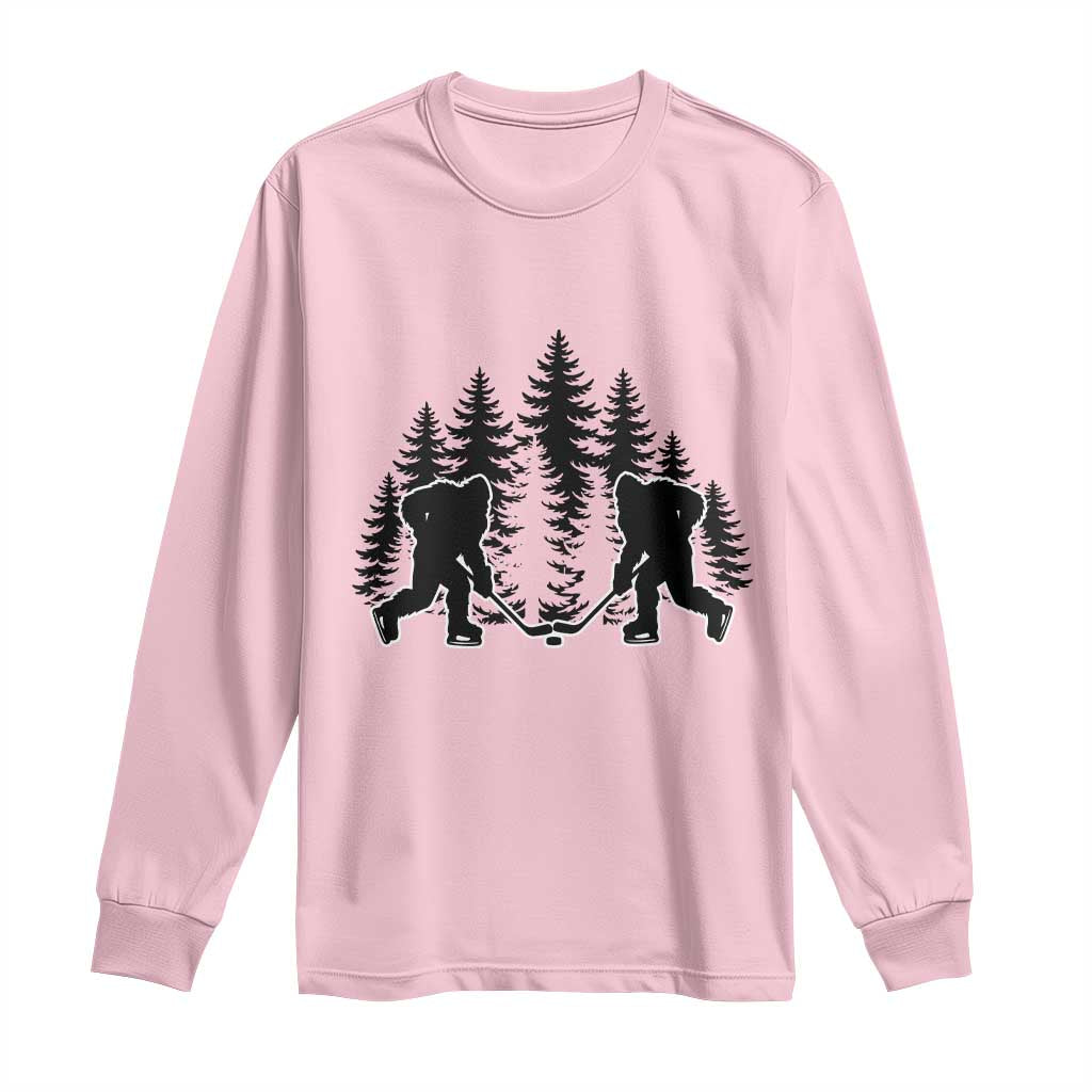 Funny Bigfoot Playing Ice Hockey Long Sleeve Shirt Cryptid Lover Gift TS12 Light Pink Print Your Wear