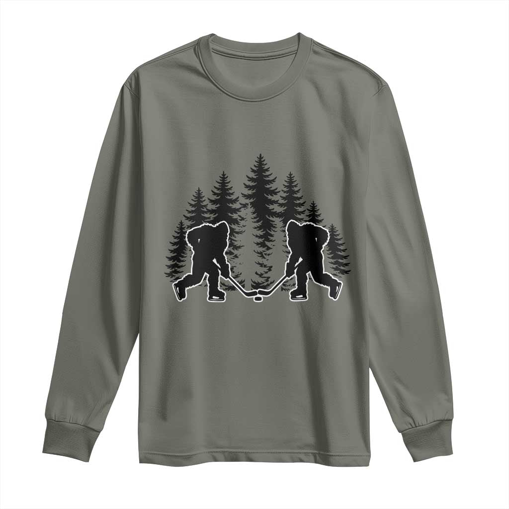 Funny Bigfoot Playing Ice Hockey Long Sleeve Shirt Cryptid Lover Gift TS12 Military Green Print Your Wear