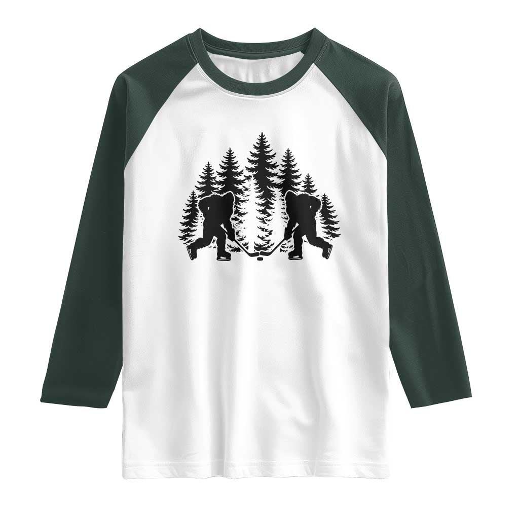 Funny Bigfoot Playing Ice Hockey Raglan Shirt Cryptid Lover Gift TS12 White Dark Forest Green Print Your Wear