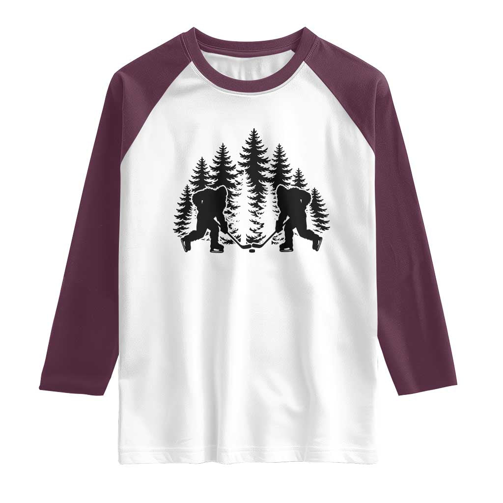Funny Bigfoot Playing Ice Hockey Raglan Shirt Cryptid Lover Gift TS12 White Maroon Print Your Wear