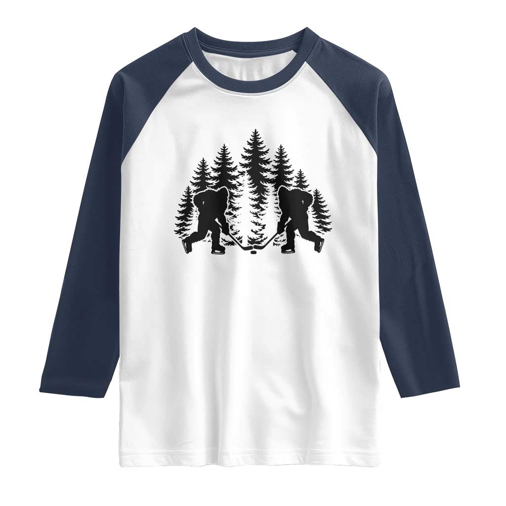 Funny Bigfoot Playing Ice Hockey Raglan Shirt Cryptid Lover Gift TS12 White Navy Print Your Wear
