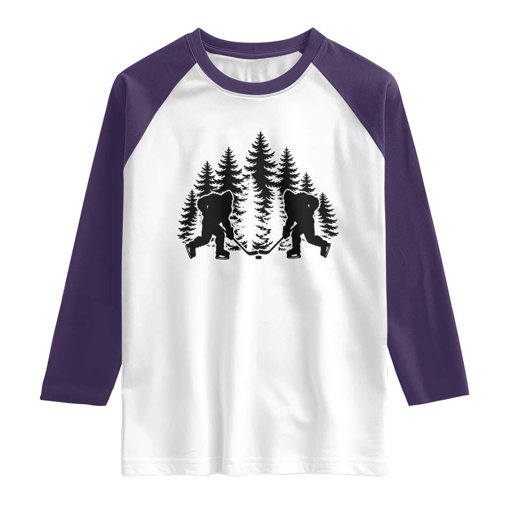 Funny Bigfoot Playing Ice Hockey Raglan Shirt Cryptid Lover Gift TS12 White Purple Print Your Wear