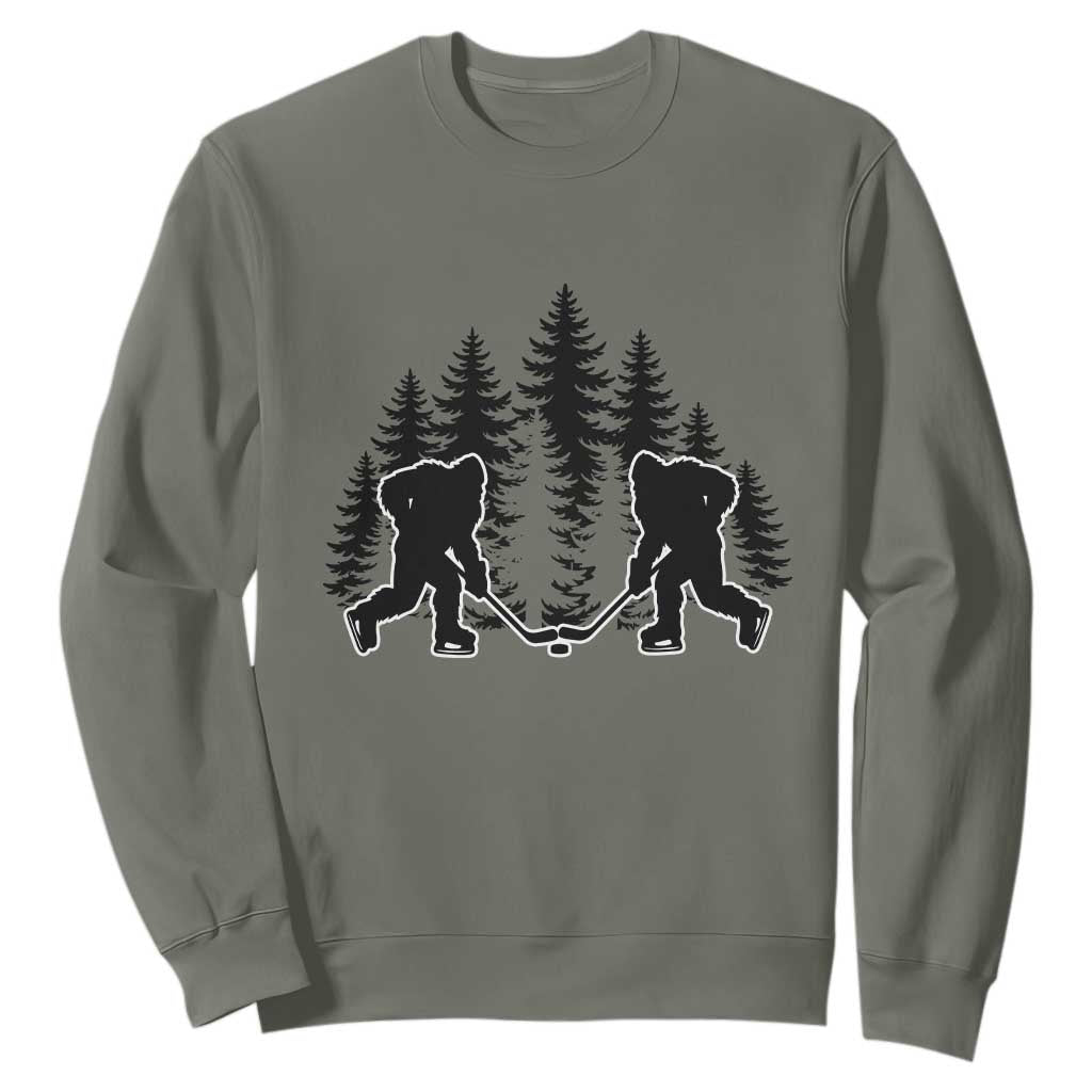Funny Bigfoot Playing Ice Hockey Sweatshirt Cryptid Lover Gift TS12 Military Green Print Your Wear