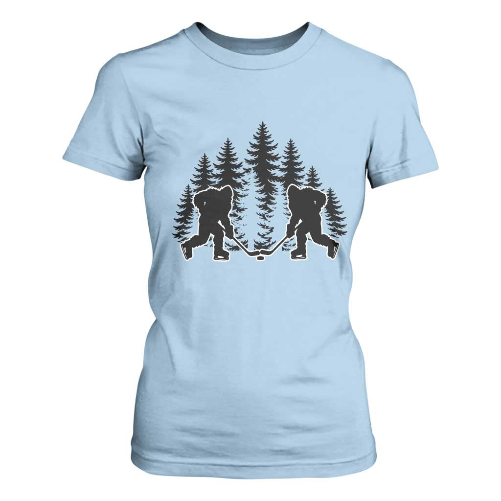 Funny Bigfoot Playing Ice Hockey T Shirt For Women Cryptid Lover Gift TS12 Light Blue Print Your Wear