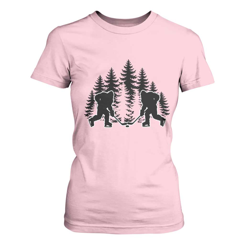 Funny Bigfoot Playing Ice Hockey T Shirt For Women Cryptid Lover Gift TS12 Light Pink Print Your Wear
