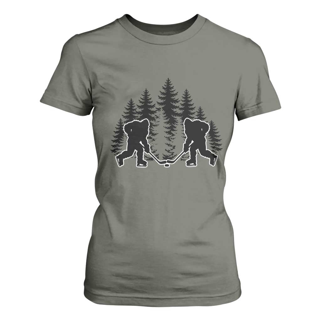 Funny Bigfoot Playing Ice Hockey T Shirt For Women Cryptid Lover Gift TS12 Military Green Print Your Wear