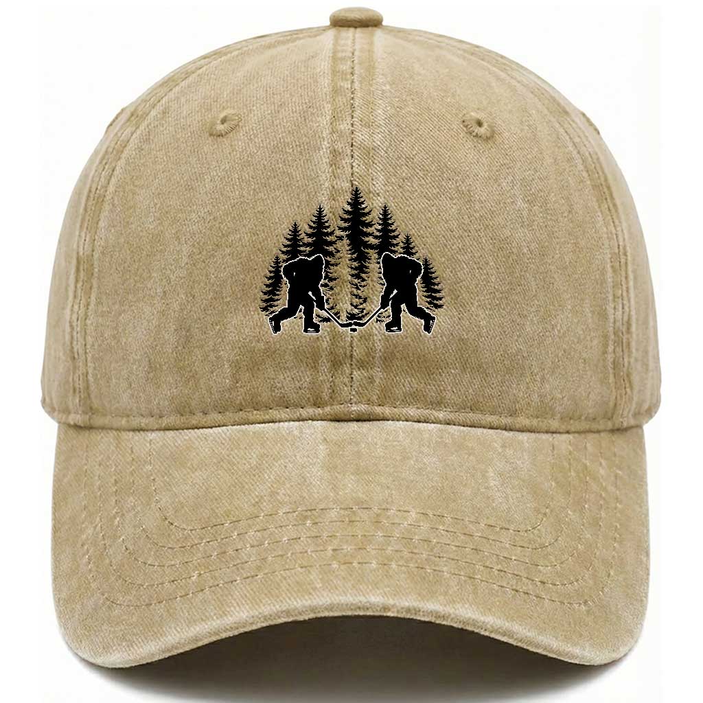Funny Bigfoot Playing Ice Hockey Washed Cotton Baseball Cap Cryptid Lover Gift TS12 Print Your Wear