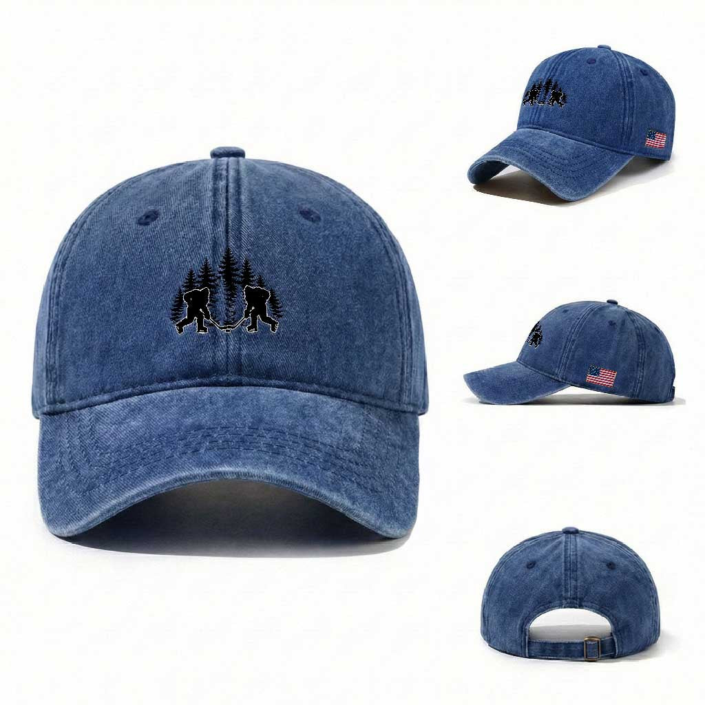 Funny Bigfoot Playing Ice Hockey Washed Cotton Baseball Cap Cryptid Lover Gift TS12 Washed Cap Universal Fit Royal Blue Print Your Wear