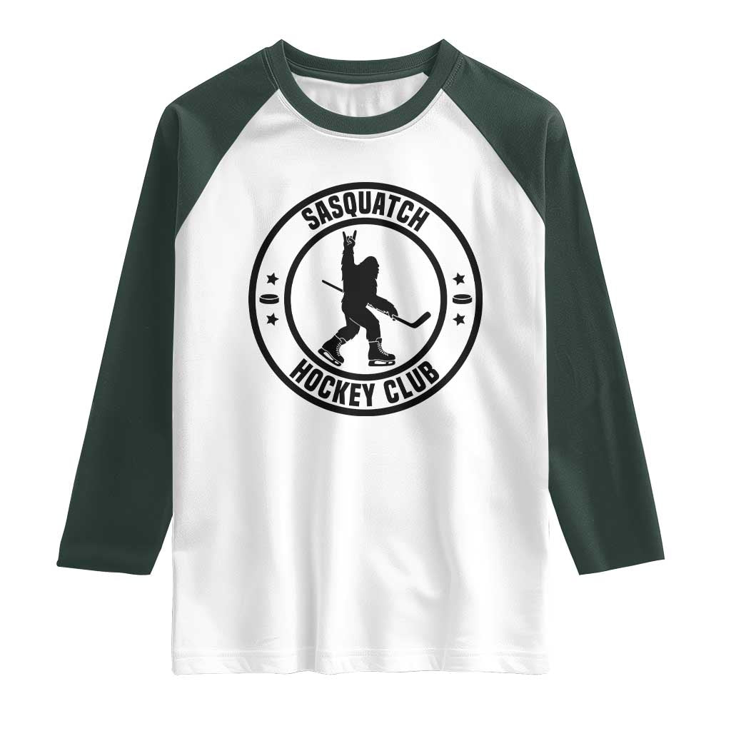 Legendary Sasquatch Hockey Club Raglan Shirt Funny Ice Hockey Gift TS12 White Dark Forest Green Print Your Wear