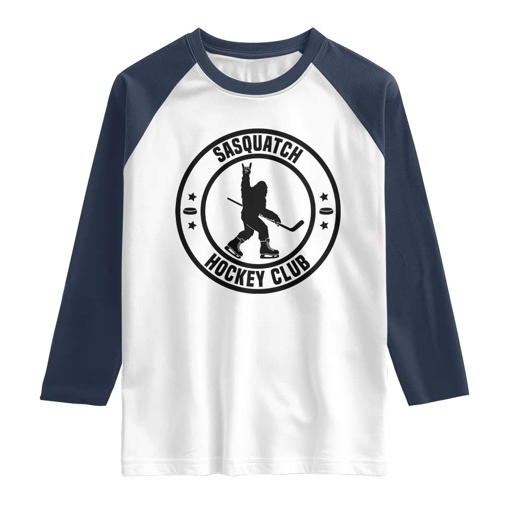 Legendary Sasquatch Hockey Club Raglan Shirt Funny Ice Hockey Gift TS12 White Navy Print Your Wear