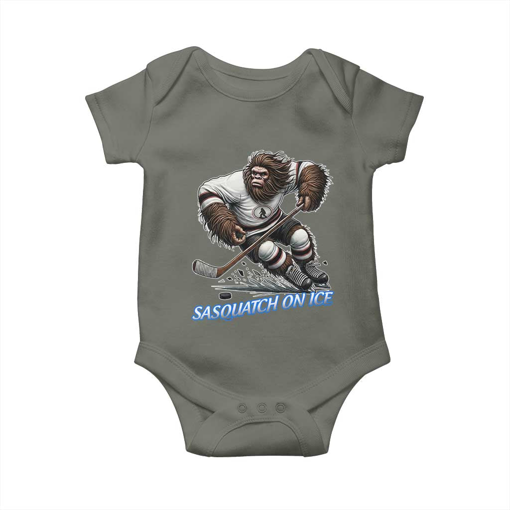 Sasquatch On Ice Baby Onesie Funny Bigfoot Hockey Player Gift TS12 Military Green Print Your Wear