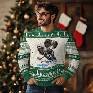 Sasquatch On Ice Ugly Christmas Sweater Funny Bigfoot Hockey Player Gift TS12 Beige Green Print Your Wear