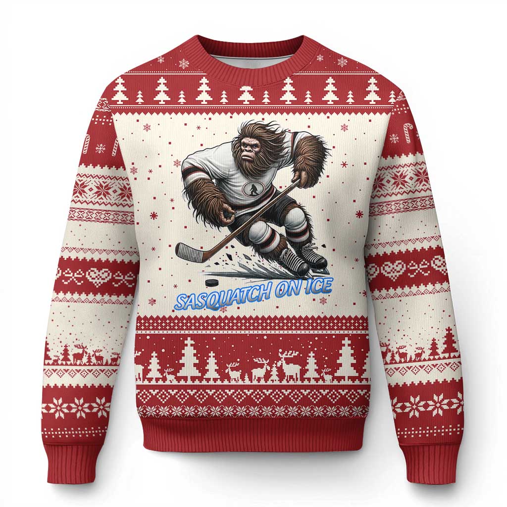 Sasquatch On Ice Ugly Christmas Sweater Funny Bigfoot Hockey Player Gift TS12 Beige Red Print Your Wear