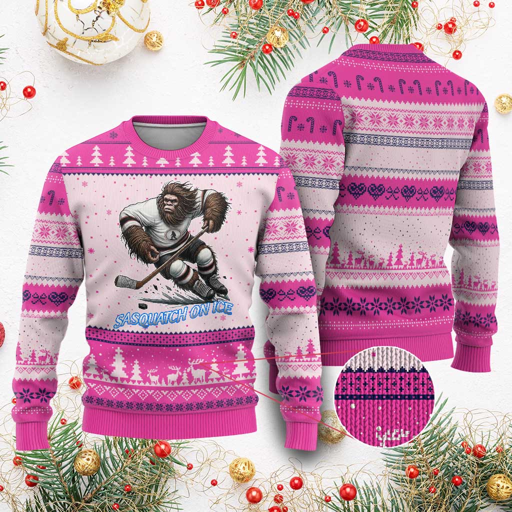 Sasquatch On Ice Ugly Christmas Sweater Funny Bigfoot Hockey Player Gift TS12 Hot Pink Print Your Wear