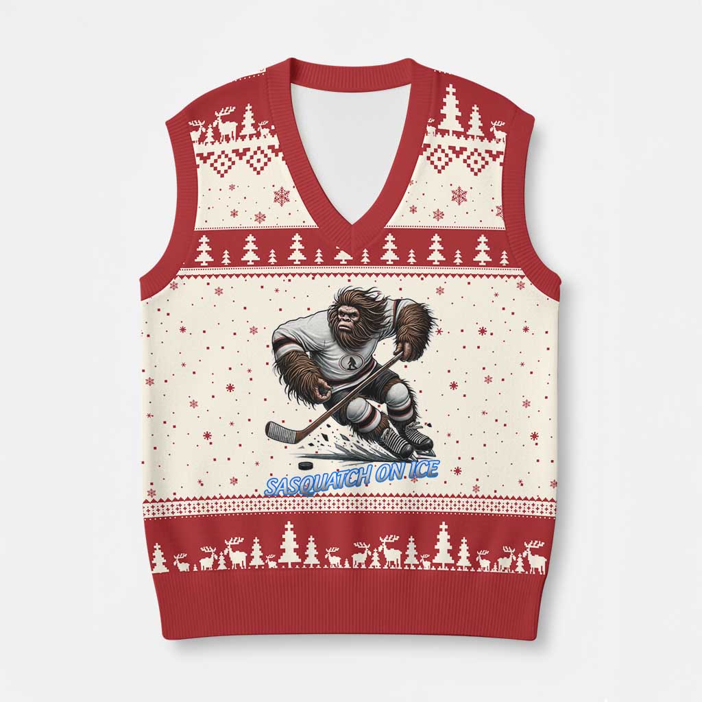 Sasquatch On Ice V-Neck Knit Sweater Vest Funny Bigfoot Hockey Player Gift TS12 Beige Red Print Your Wear