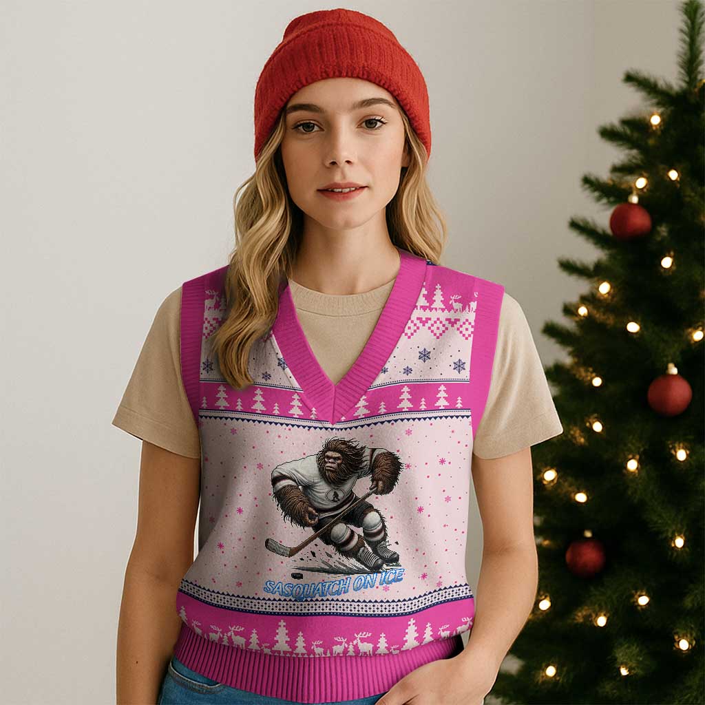 Sasquatch On Ice V-Neck Knit Sweater Vest Funny Bigfoot Hockey Player Gift TS12 Hot Pink Print Your Wear