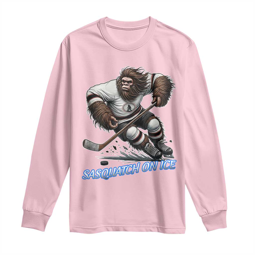 Sasquatch On Ice Long Sleeve Shirt Funny Bigfoot Hockey Player Gift TS12 Light Pink Print Your Wear