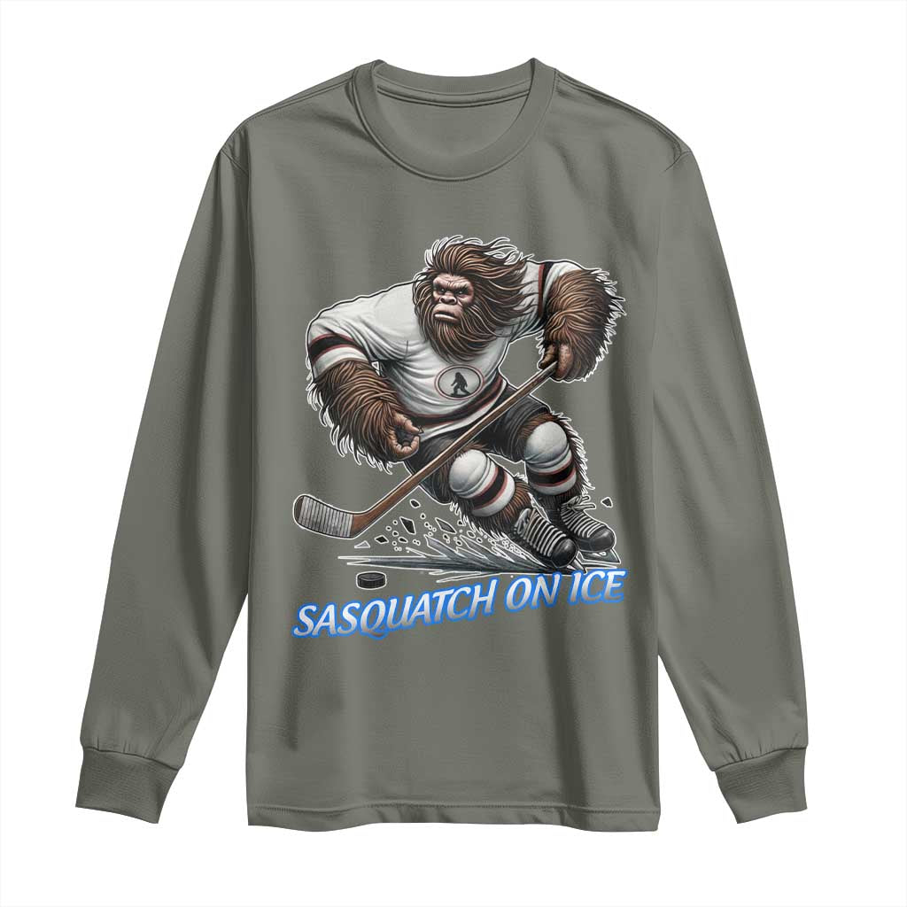 Sasquatch On Ice Long Sleeve Shirt Funny Bigfoot Hockey Player Gift TS12 Military Green Print Your Wear