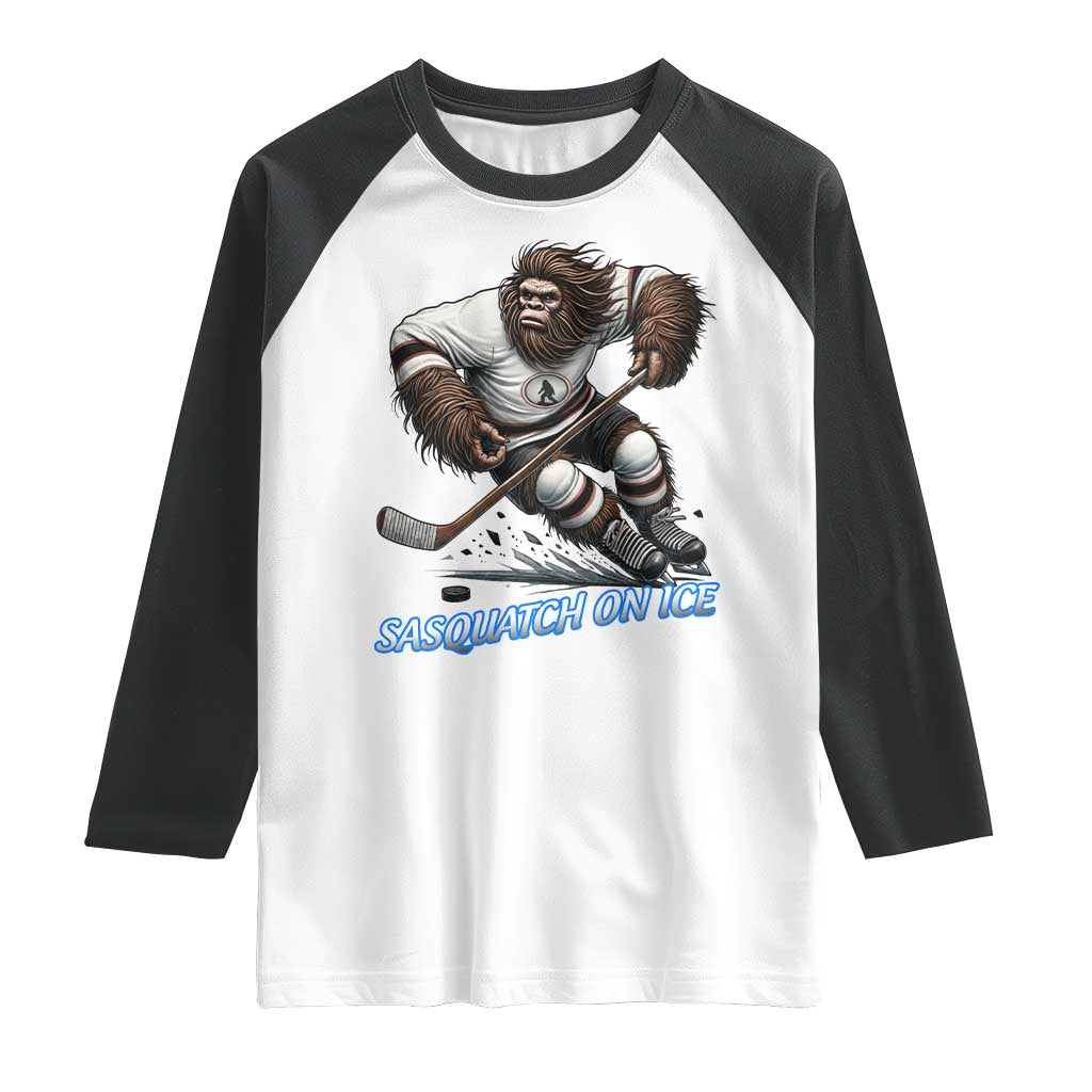 Sasquatch On Ice Raglan Shirt Funny Bigfoot Hockey Player Gift TS12 White Black Print Your Wear