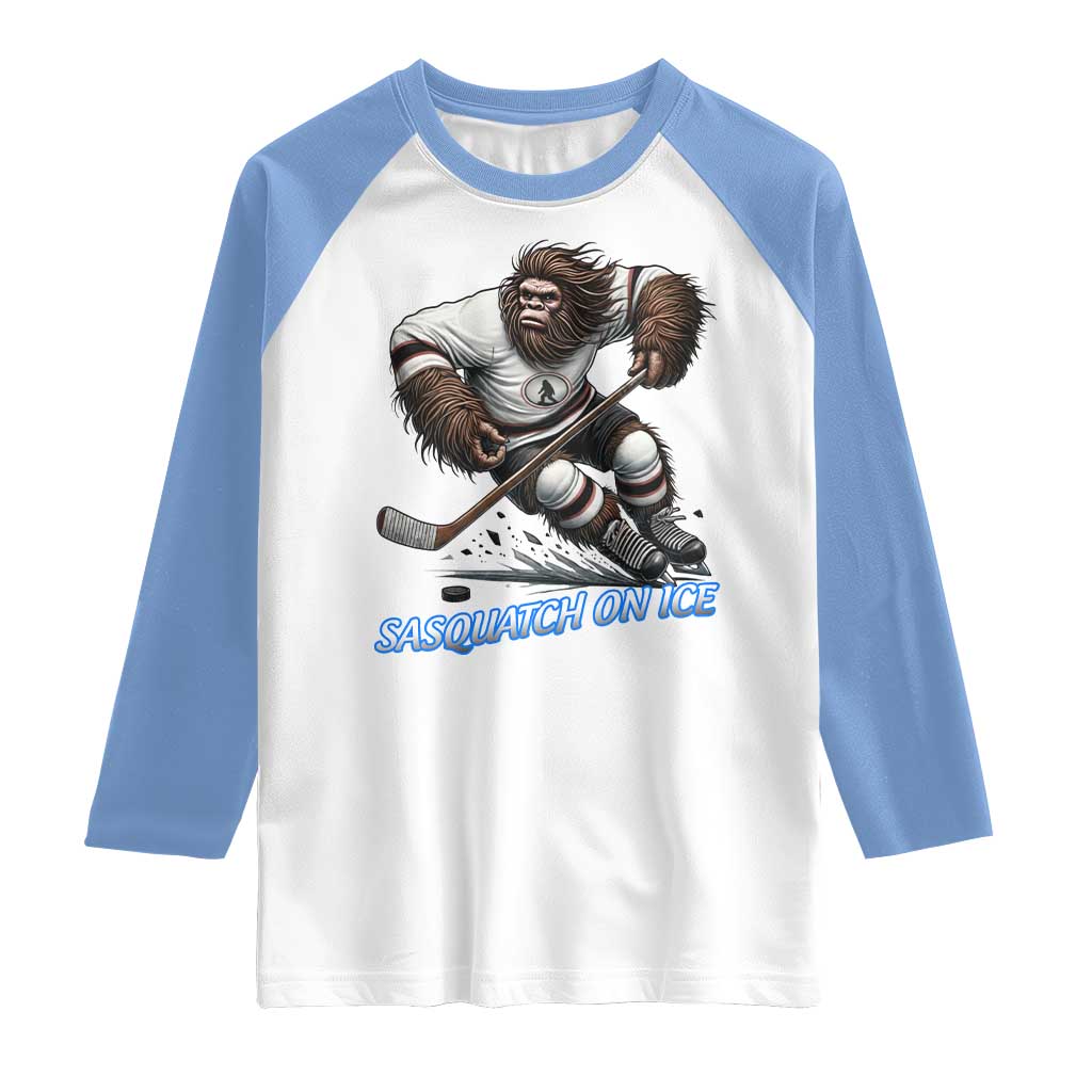 Sasquatch On Ice Raglan Shirt Funny Bigfoot Hockey Player Gift TS12 White Carolina Blue Print Your Wear