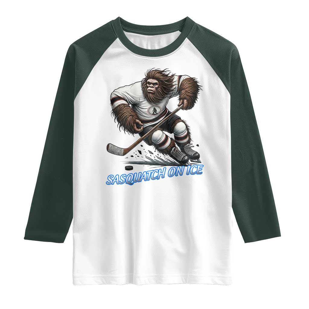 Sasquatch On Ice Raglan Shirt Funny Bigfoot Hockey Player Gift TS12 White Dark Forest Green Print Your Wear