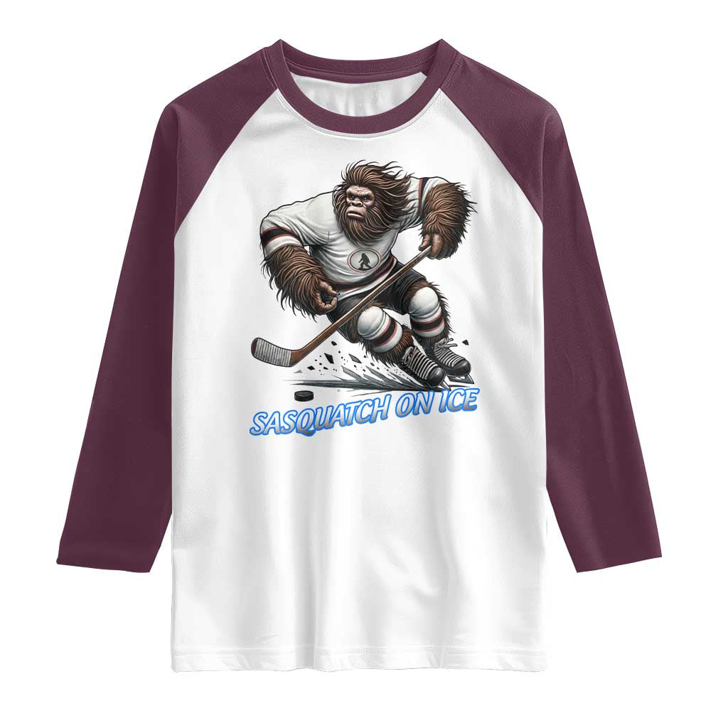 Sasquatch On Ice Raglan Shirt Funny Bigfoot Hockey Player Gift TS12 White Maroon Print Your Wear