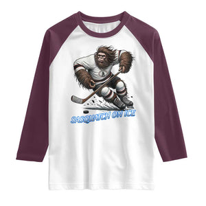 Sasquatch On Ice Raglan Shirt Funny Bigfoot Hockey Player Gift TS12 White Maroon Print Your Wear