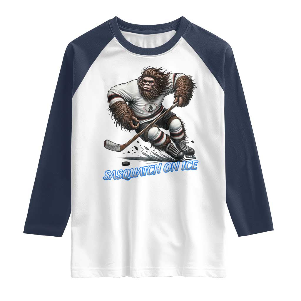 Sasquatch On Ice Raglan Shirt Funny Bigfoot Hockey Player Gift TS12 White Navy Print Your Wear
