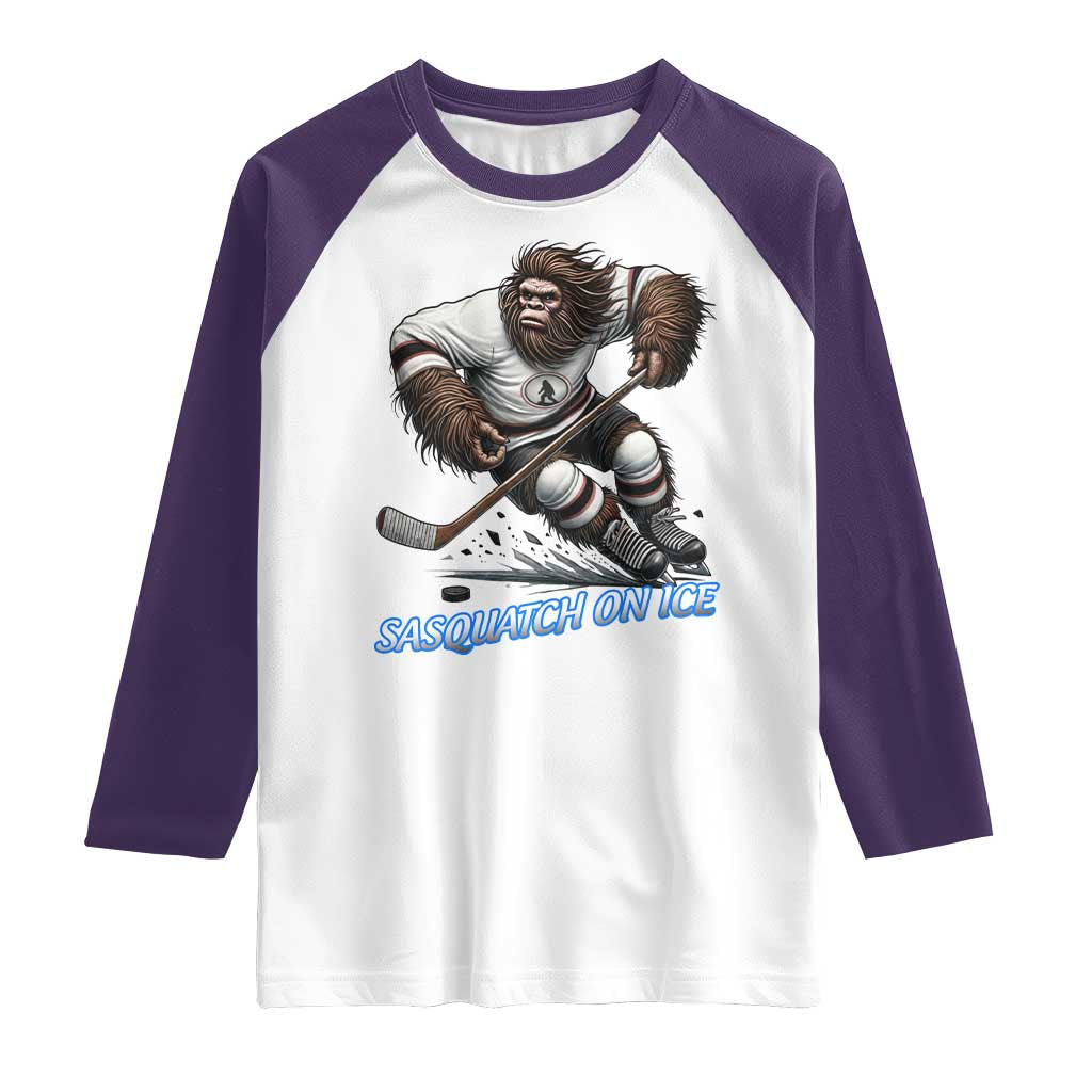 Sasquatch On Ice Raglan Shirt Funny Bigfoot Hockey Player Gift TS12 White Purple Print Your Wear