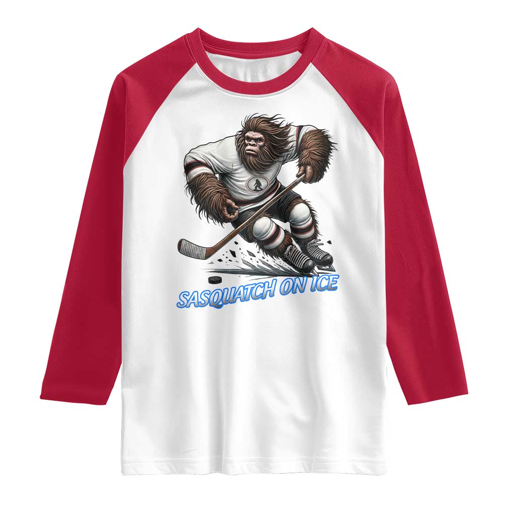 Sasquatch On Ice Raglan Shirt Funny Bigfoot Hockey Player Gift TS12 White Red Print Your Wear