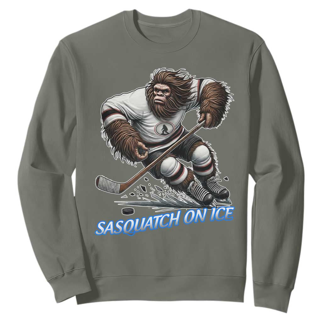 Sasquatch On Ice Sweatshirt Funny Bigfoot Hockey Player Gift TS12 Military Green Print Your Wear