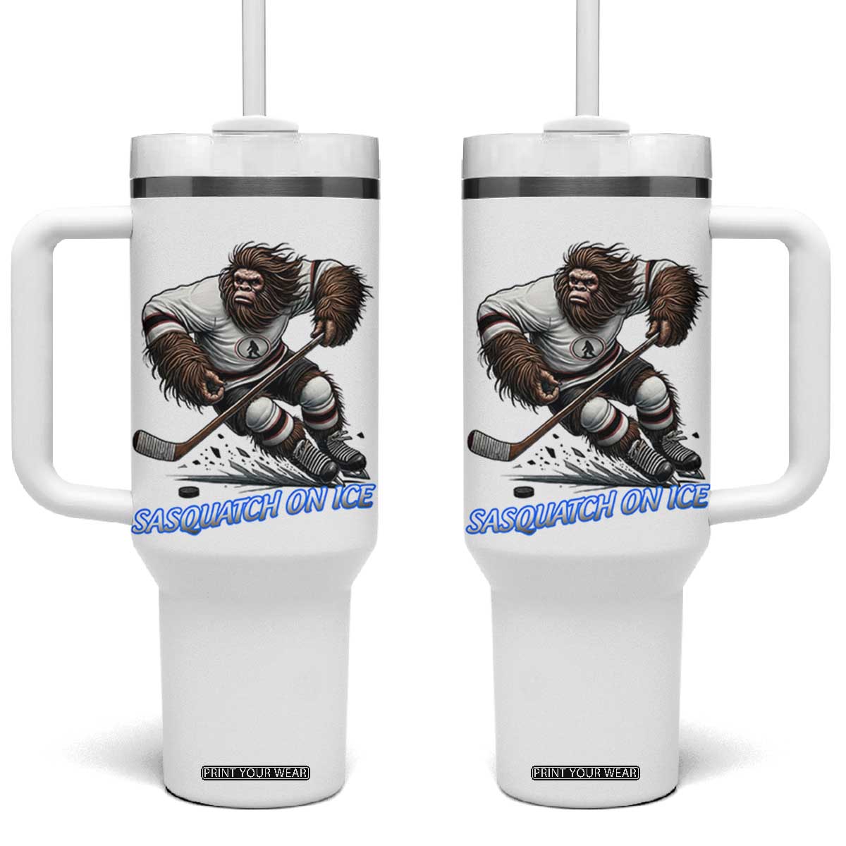 Sasquatch On Ice Tumbler With Handle Funny Bigfoot Hockey Player Gift TS12 One Size: 40 oz White Print Your Wear