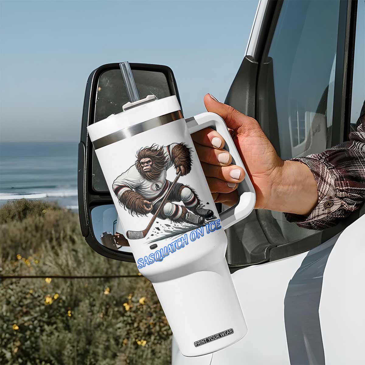 Sasquatch On Ice Tumbler With Handle Funny Bigfoot Hockey Player Gift TS12 Print Your Wear