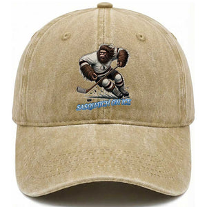 Sasquatch On Ice Washed Cotton Baseball Cap Funny Bigfoot Hockey Player Gift TS12 Print Your Wear